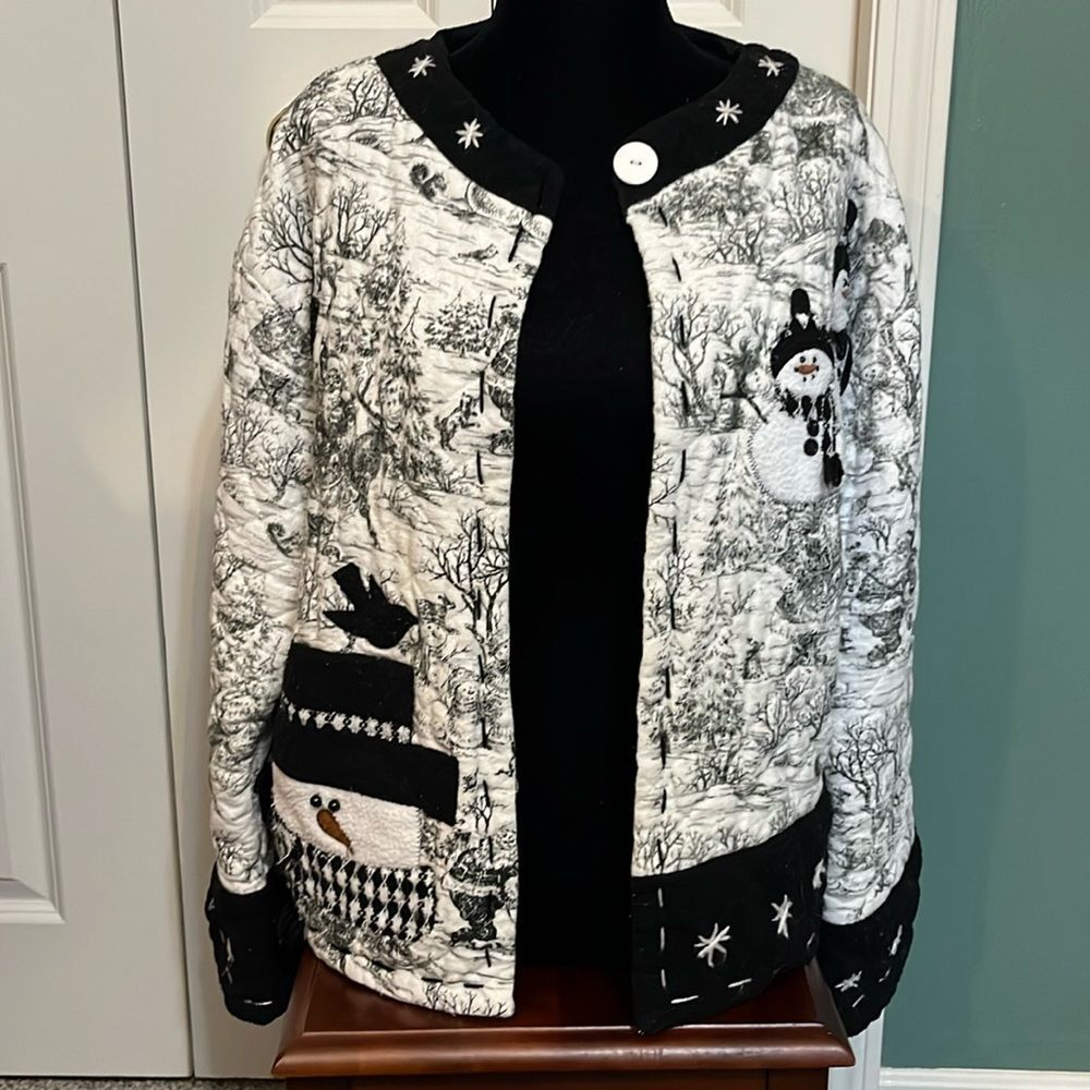 Vintage Cottagecore Winter Scene Quilted Appliqué Grandma Cardigan Puffy Jacket